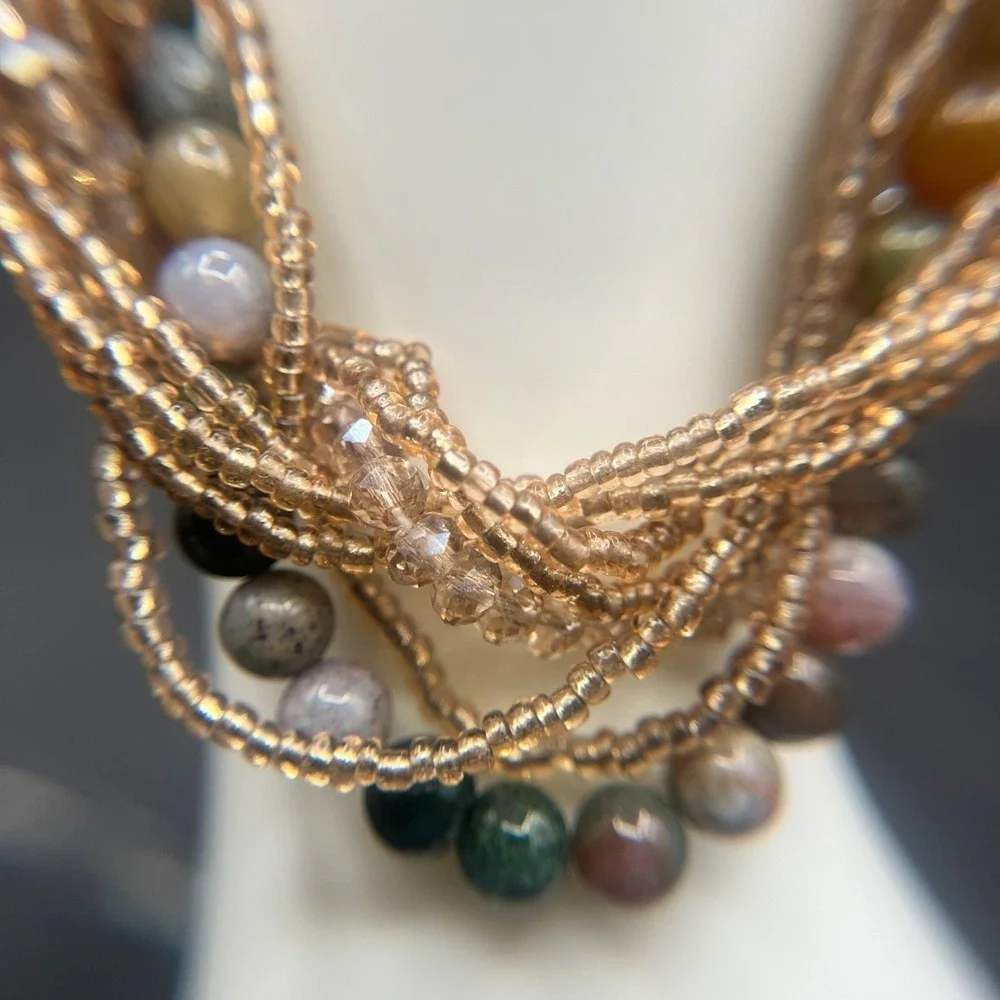 Vintage Y2K Multi-Strand Agate Natural Stone Bracelet Seed Beads Boho‎ Statement